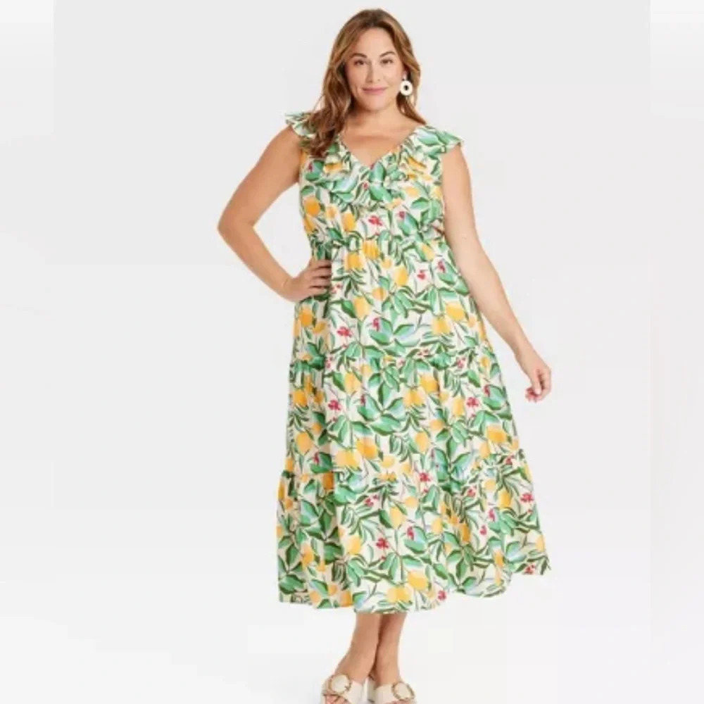Women's Flutter Short Sleeve Maxi A-Line Dress - Ava & Viv™ Lemon Print